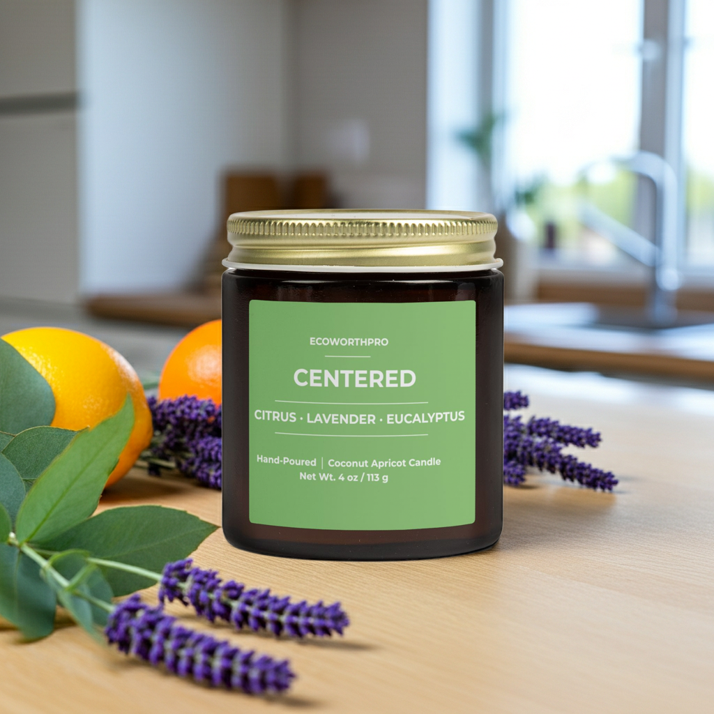 ECOWORTHPRO CENTERED bergamot and lavender mini candle with fresh oranges and lavender stems on a kitchen worktop, hand-poured coconut apricot wax relaxation candle