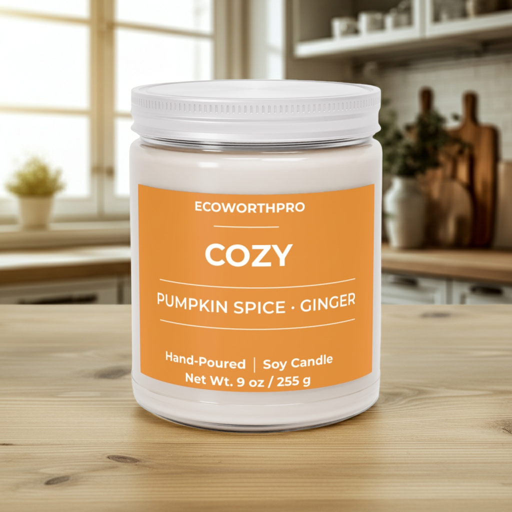 ECOWORTHPRO COZY pumpkin spice and ginger non-toxic fall candle in clean minimalist setting
