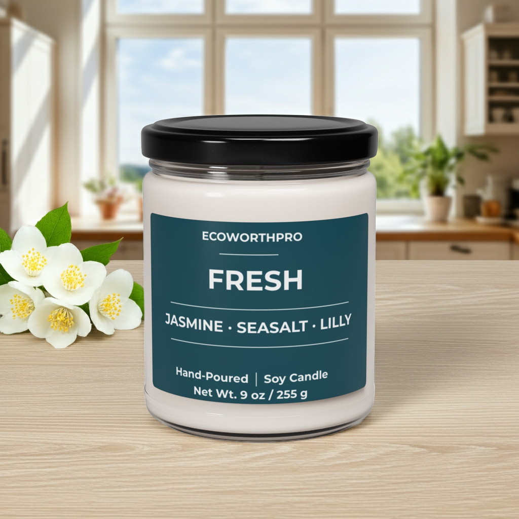 ECOWORTHPRO FRESH jasmine and lily scented candle closed on a kitchen worktop, premium hand-poured soy wax floral candle in a reusable glass jar