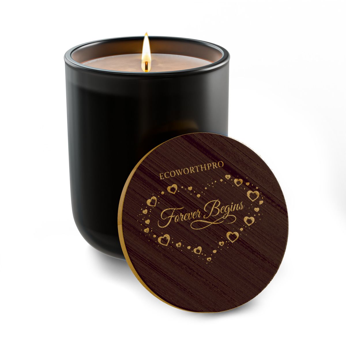 ECOWORTHPRO FOREVER BEGINS luxury musk candle burning cleanly in a true noir black glass jar large soy candle