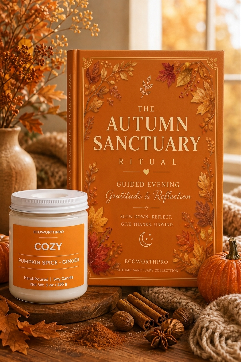 A styled autumn scene showing a large orange book titled "The Autumn Sanctuary Ritual" alongside a white jar labeled "ECOWORTHRO COZY Pumpkin Spice - Ginger" candle. The scene includes fall leaves, a small pumpkin, cinnamon sticks, a vase of dried flowers, and a warm window background.