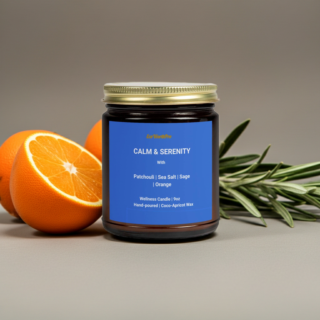 CALM & SERENITY | Patchouli Wellness Candle – Patchouli, Sea-Salt, Sage & Orange -9oz