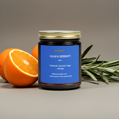 CALM & SERENITY | Patchouli Wellness Candle – Patchouli, Sea-Salt, Sage & Orange -9oz