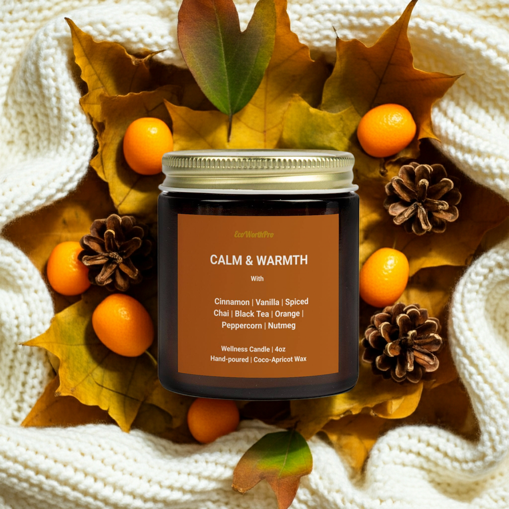 CALM & WARMTH Fall Candle Scent  | Cinnamon, Spiced Chai, Nutmeg, Orange & Vanilla | 4oz