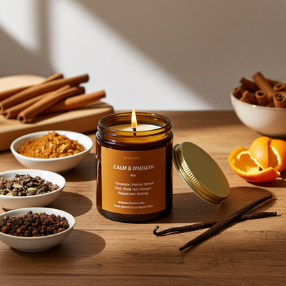 CALM & WARMTH Fall Candle Scent  | Cinnamon, Spiced Chai, Nutmeg, Orange & Vanilla | 4oz