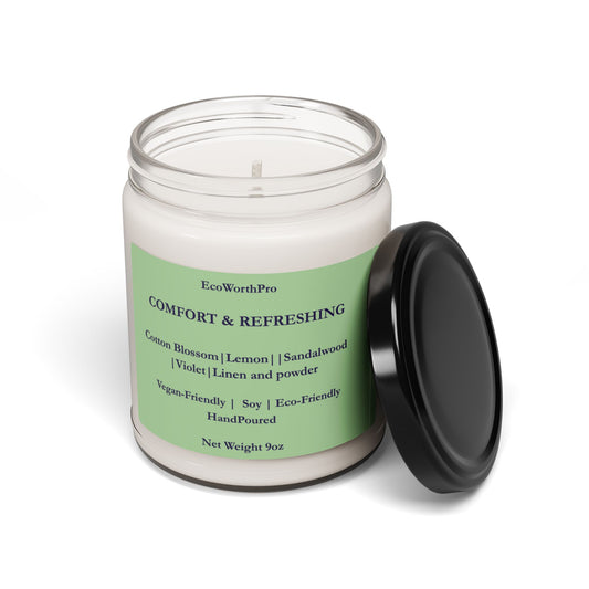 COMFORT & REFRESHING  Wellness Fresh Linen Scented Candle – Sandalwood, Lemon & Cotton Blossom   255g/9oz  Front Side