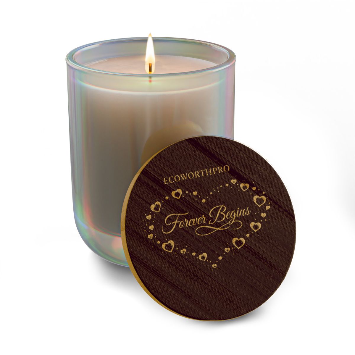 ECOWORTHPRO FOREVER BEGINS soft lily candle burning cleanly in an iris glass jar large soy candle