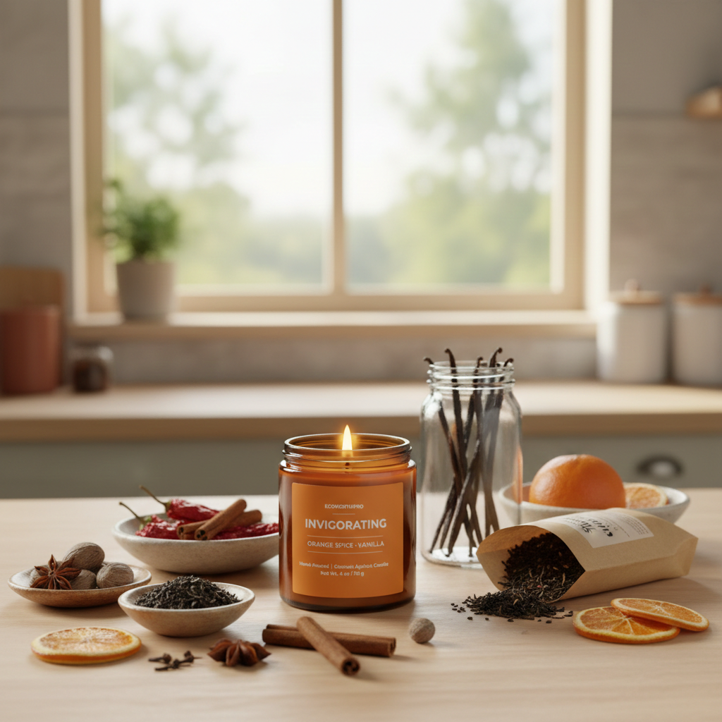 ECOWORTHPRO INVIGORATING orange spice and vanilla long-burning candle burning beside orange cinnamon clove and black tea ingredients