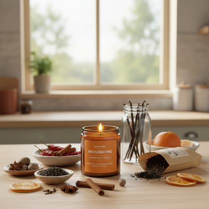 ECOWORTHPRO INVIGORATING orange spice and vanilla long-burning candle burning beside orange cinnamon clove and black tea ingredients