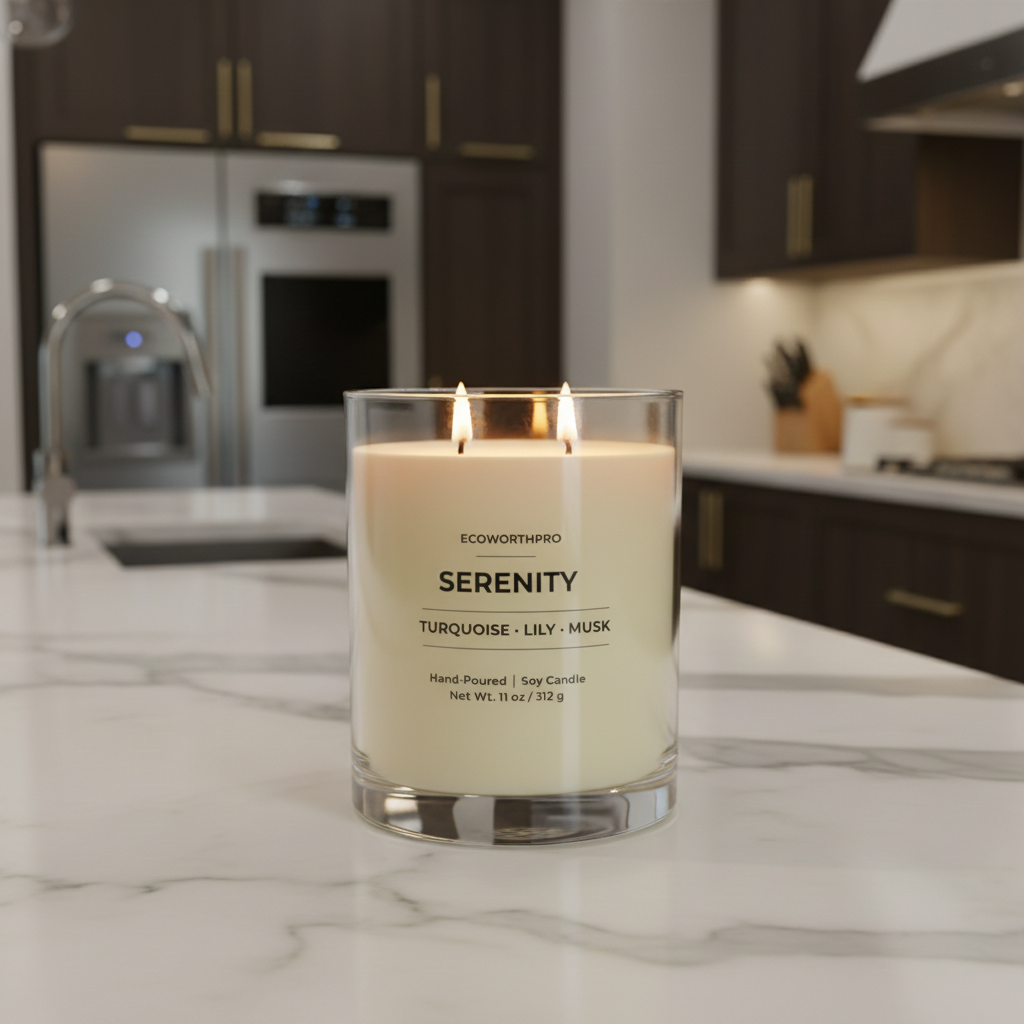 ECOWORTHPRO SERENITY Turquoise Lily and Musk two cotton wick non-toxic candle lit in a luxury reusable clear glass jar on a marble table