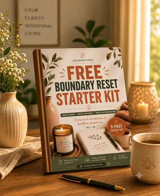 A hardcover book titled 'FREE BOUNDARY RESET STARTER KIT' by EcoWorthPro stands open on a wooden table in a warm, styled interior scene with a candle, mug, pen, and framed wall art in the background.