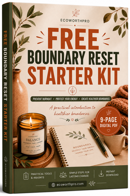 A 3D book cover mockup for the 'Free Boundary Reset Starter Kit' by Ecoworthpro. The cover features a warm, rustic aesthetic with a cream background, dark green and orange text, and illustrations of leaves.