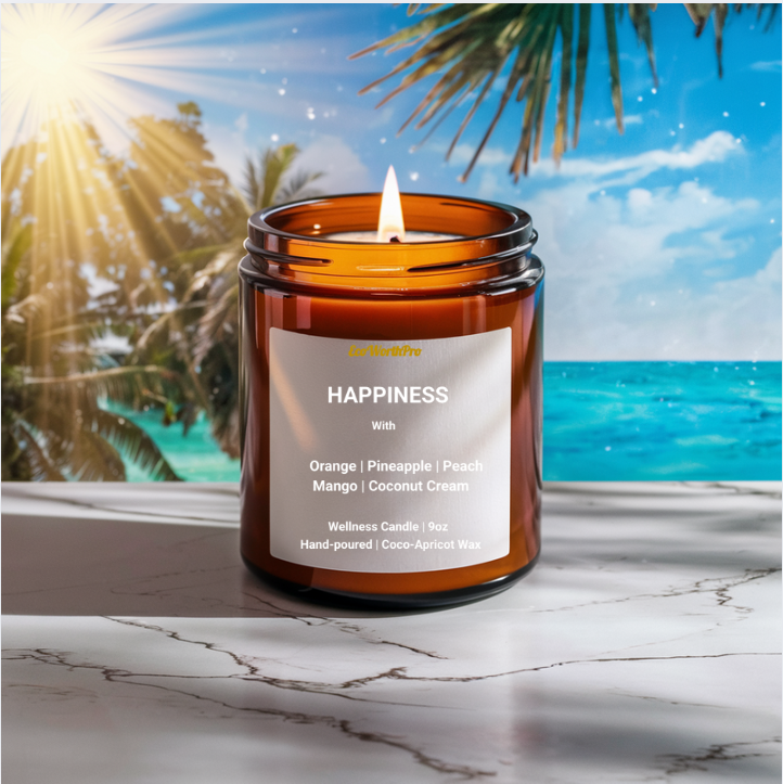 HAPPINESS – Large Tropical Candle with Coconut, Mango & Peach Scent | 9oz SS