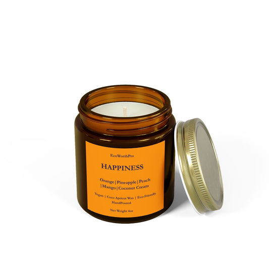 HAPPINESS  Wellness Mini Tropical Candle – Mango, Coconut & Peach Bliss   113g/40z. Front Side
