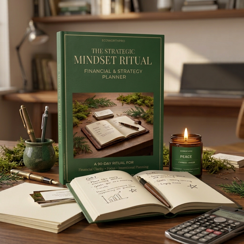 A green hardcover book titled "The Strategic Mindset Ritual: Financial & Strategy Planner" stands upright on a wooden desk, surrounded by notebooks, pens, a lit candle, and a calculator in a warm, blurred home office setting.