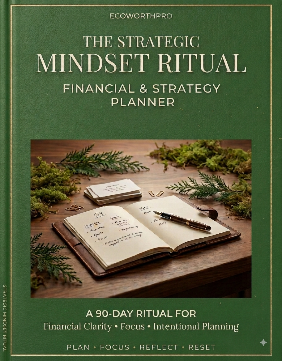 The Strategic Mindset Ritual Financial & Strategy Planner book cover by Ecoworthpro, featuring a dark green cover with gold borders and text, and a central photo of an open journal on a wooden table with pine branches and a pen.