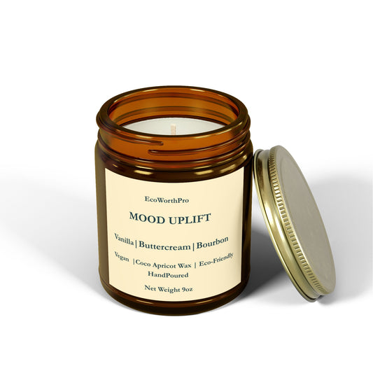 MOOD UPLIFT Wellness  Large Vanilla, Buttercream & Bourbon Candle 255g/9oz. Front Side 