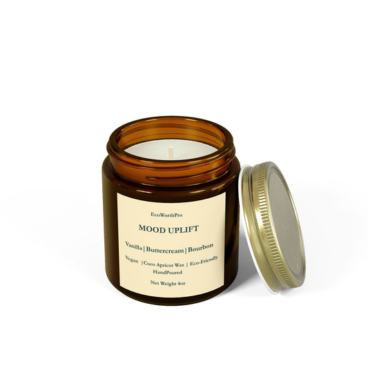 MOOD UPLIFT Wellness Small Vanilla, Buttercream & Bourbon Candle with Vanilla Essential Oil 113g/4oz. Front Side