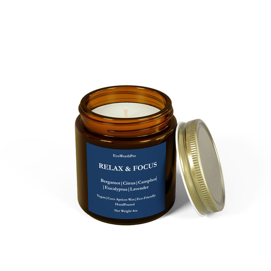 RELAX & FOCUS Wellness Small Lavender, Citrus & Eucalyptus Scented Candle  113g/4oz.Front Side.