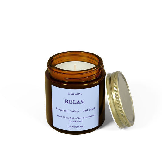 RELAX  Wellness Small Saffron, Bergamot & Dark Musk Candle  113g/4oz. Front Side 