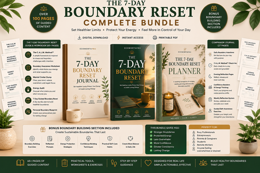 A promotional collage for a digital product bundle titled 'The 7-Day Boundary Reset Complete Bundle,' showing multiple planner, journal, and worksheet pages arranged around a central cover design with green and beige tones and decorative leaves.