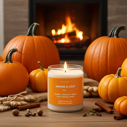 UNWIND & COZY | Pumpkin Spice Wellness Candle –Pumpkin, Ginger & Cinnamon - 9oz