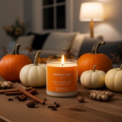 UNWIND & COZY | Pumpkin Spice Wellness Candle –Pumpkin, Ginger & Cinnamon - 9oz