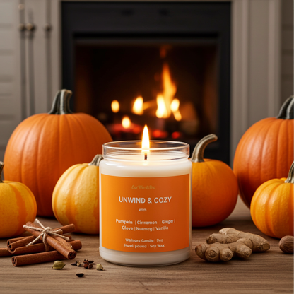 UNWIND & COZY | Pumpkin Spice Wellness Candle –Pumpkin, Ginger & Cinnamon - 9oz