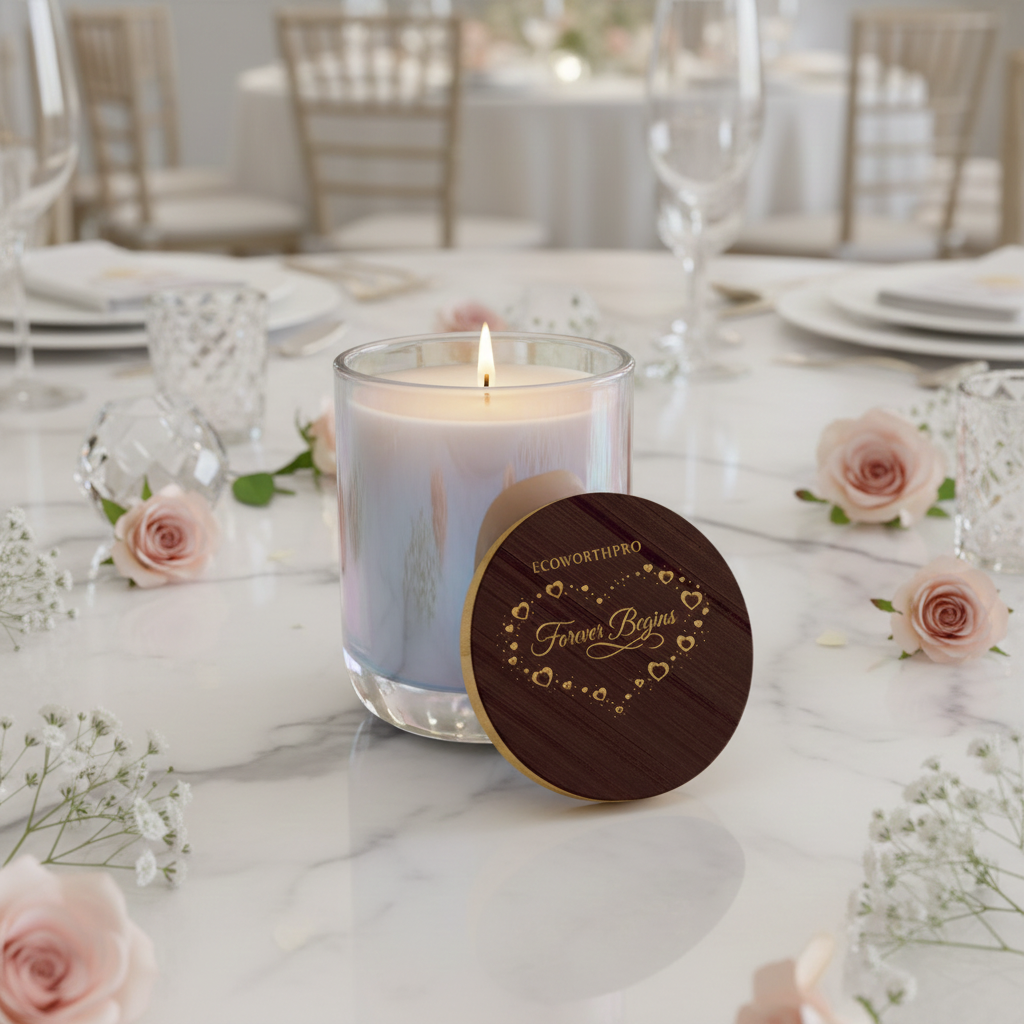 ECOWORTHPRO FOREVER BEGINS elegant wedding candle in a soft iris glass jar designed for a slow 90 hour burn