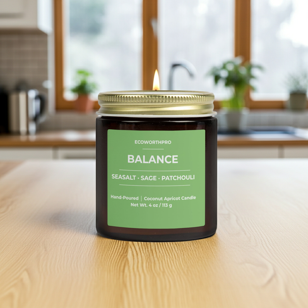 ECOWORTHPRO BALANCE patchouli mini candle, eco-friendly coconut apricot wax candle in reusable glass jar on kitchen worktop