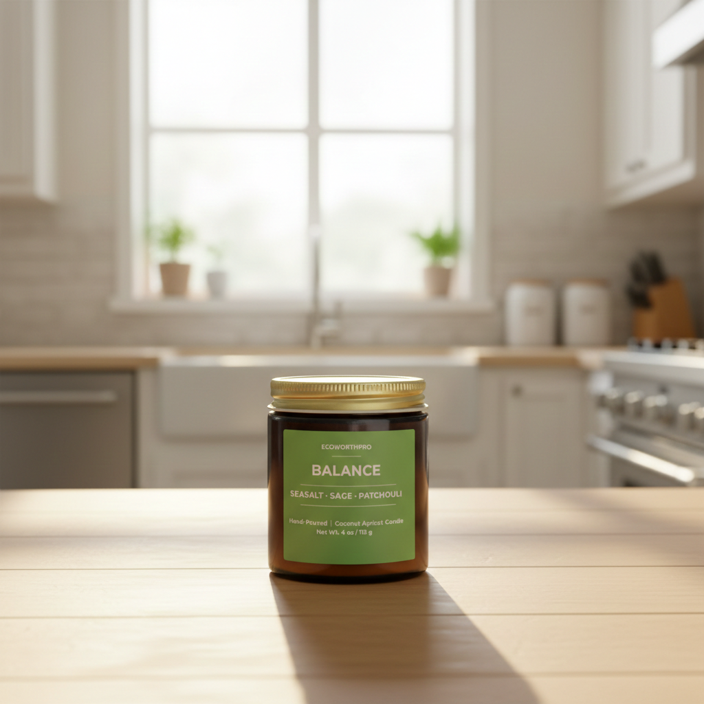ECOWORTHPRO BALANCE patchouli mini candle, eco-friendly coconut apricot wax candle in reusable glass jar on kitchen worktop