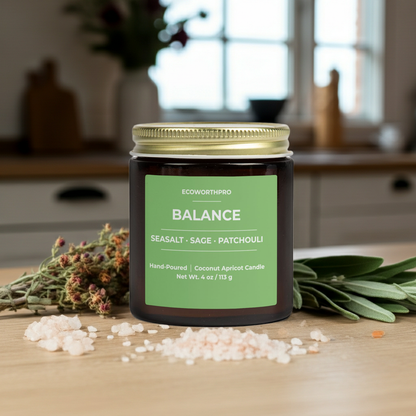 ECOWORTHPRO BALANCE sage and patchouli mini candle, coconut apricot wax candle surrounded by sea salt, sage leaves and patchouli leaves