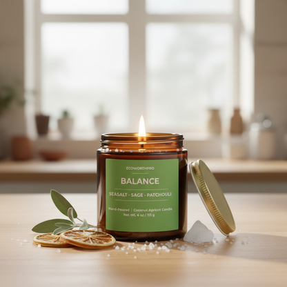 ECOWORTHPRO BALANCE sea salt and sage mini candle, coconut apricot wax candle with dried orange peel, sea salt crystals and sage leaves