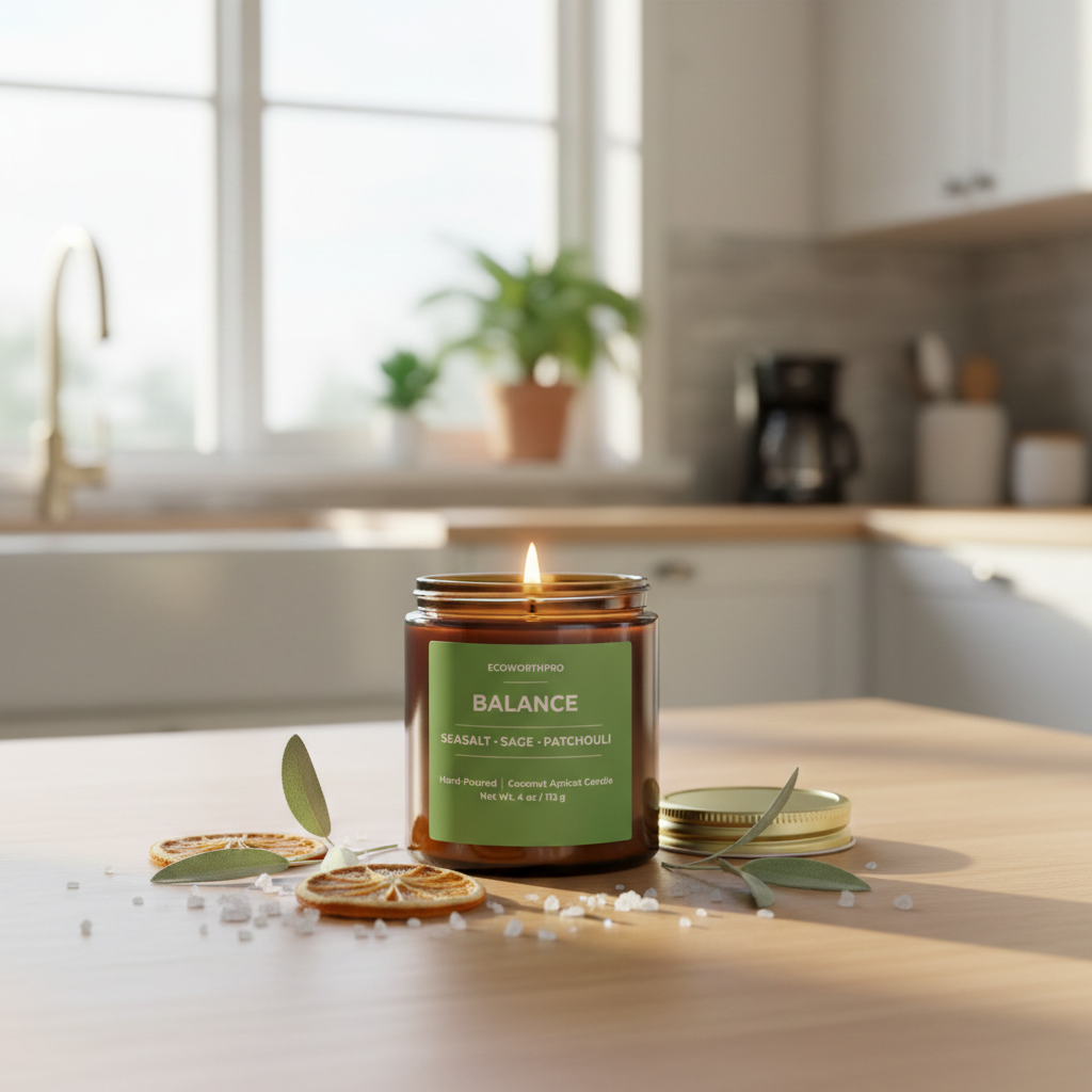 ECOWORTHPRO BALANCE sea salt and sage mini candle, coconut apricot wax candle with dried orange peel, sea salt crystals and sage leaves