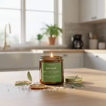 ECOWORTHPRO BALANCE sea salt and sage mini candle, coconut apricot wax candle with dried orange peel, sea salt crystals and sage leaves