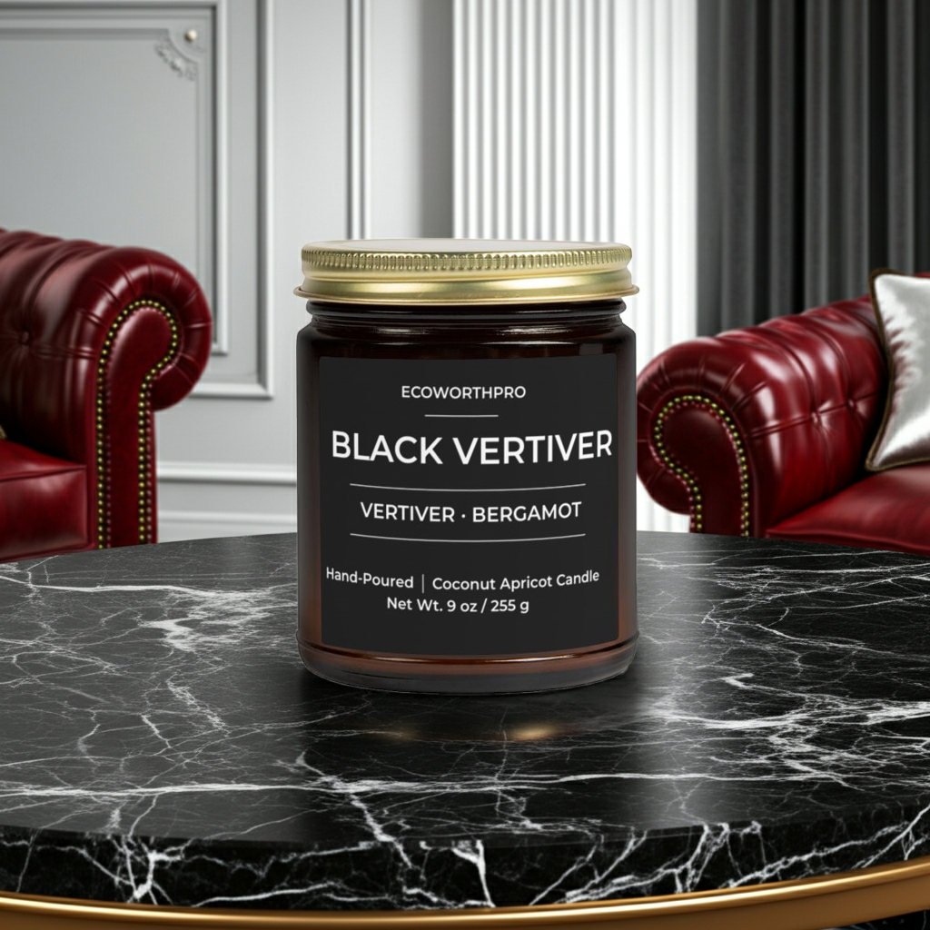 ECOWORTHPRO BLACK VETIVER luxury vetiver candle on a black marble table in a contemporary living room with chairs, masculine bergamot scented candle in reusable glass jar