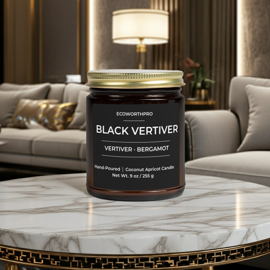 ECOWORTHPRO BLACK VETIVER Vetiver & Bergamot men's scented candle on a black marble table in a modern living room with chairs, luxury masculine coconut apricot wax candle with bergamot fragrance