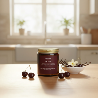 ECOWORTHPRO BLISS black cherry and vanilla mini fruit candle surrounded by black cherries and vanilla pods