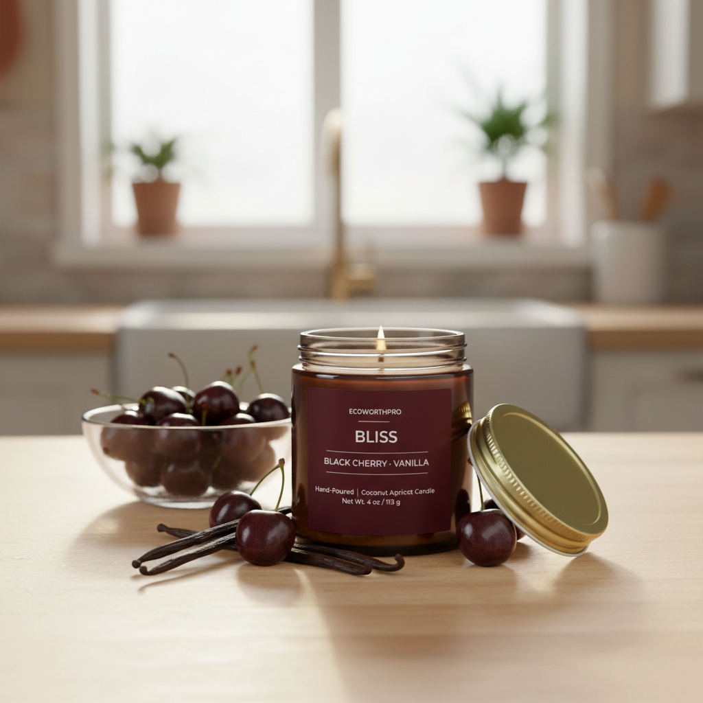 ECOWORTHPRO BLISS black cherry and raspberry mini fruit candle burning beside black cherries and vanilla