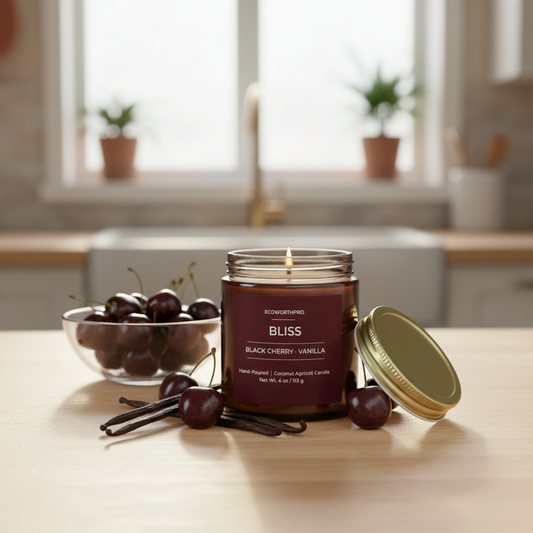 ECOWORTHPRO BLISS black cherry and raspberry mini fruit candle burning beside black cherries and vanilla