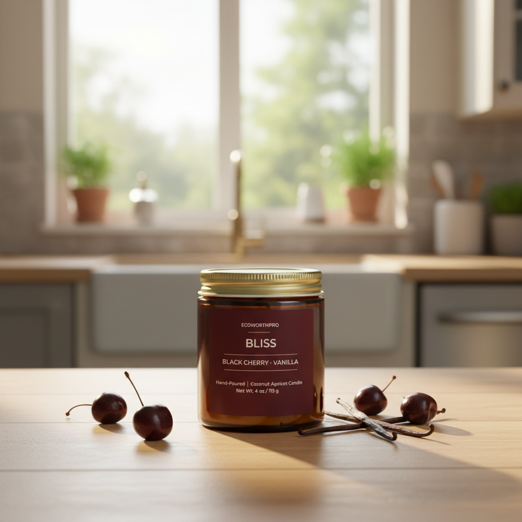 ECOWORTHPRO BLISS plum and raspberry fruit scented candle with ripe plums and fresh raspberries