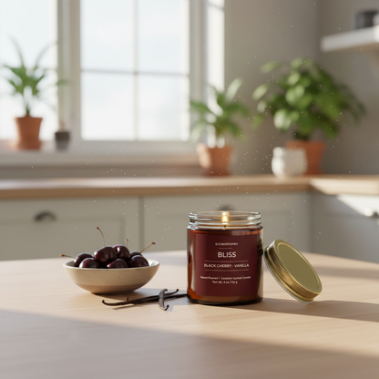 ECOWORTHPRO BLISS plum and vanilla non-toxic fruit candle burning beside ripe plums and vanilla pods
