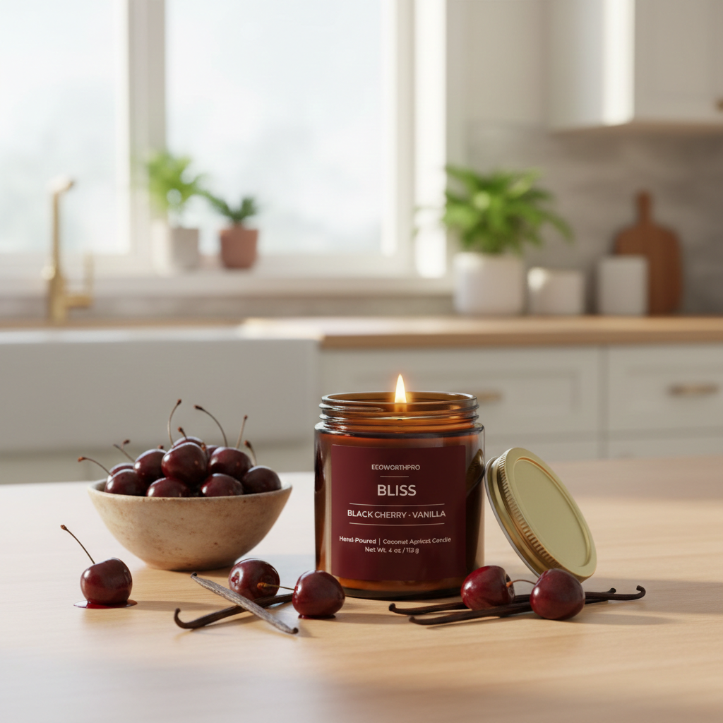 ECOWORTHPRO BLISS raspberry and strawberry hand-poured fruit scented candle with fresh black cherries