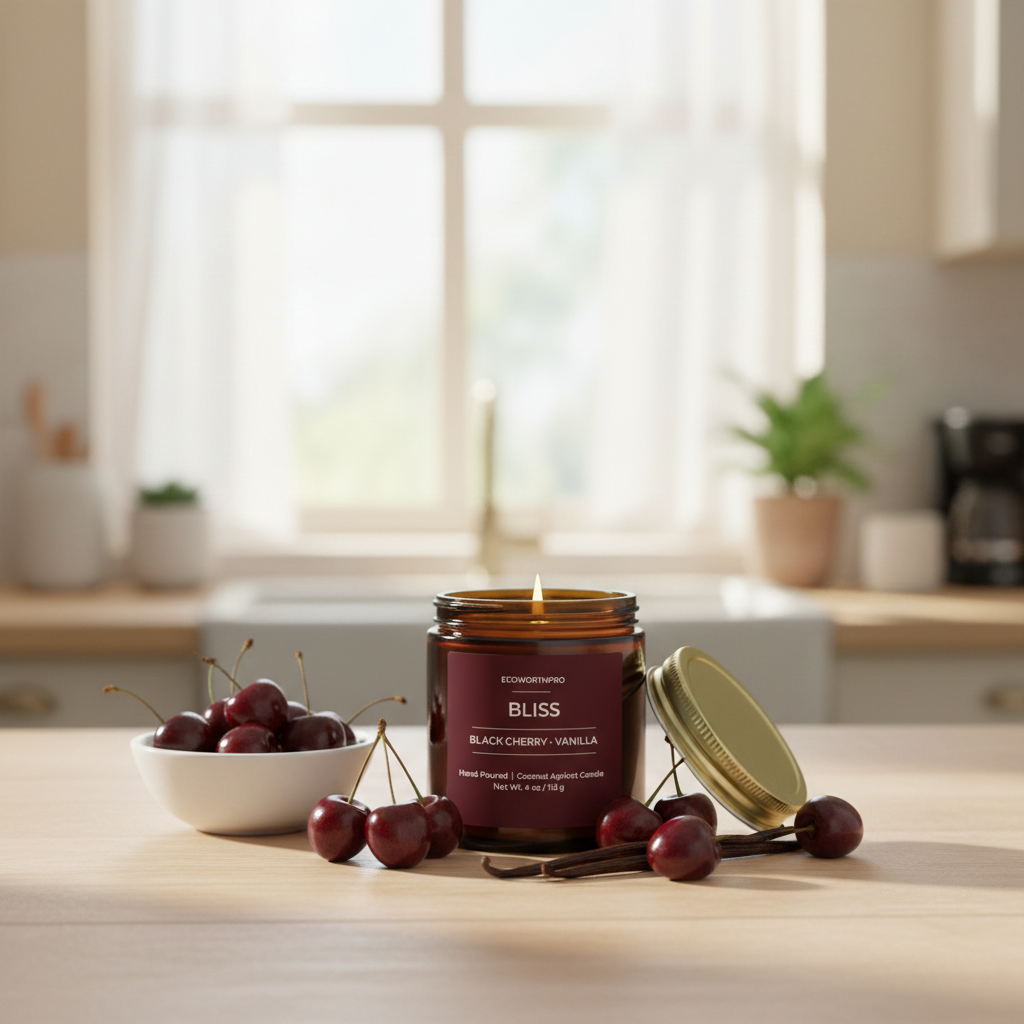 ECOWORTHPRO BLISS strawberry and plum fruit scented candle burning with fresh black cherry and ripe plums