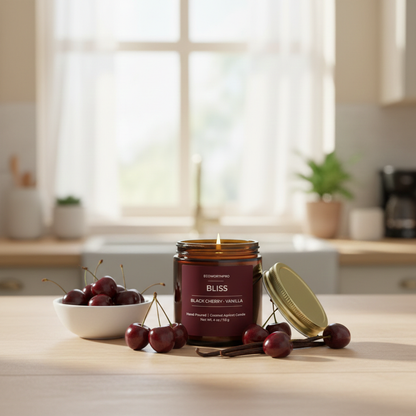 ECOWORTHPRO BLISS strawberry and plum fruit scented candle burning with fresh black cherry and ripe plums
