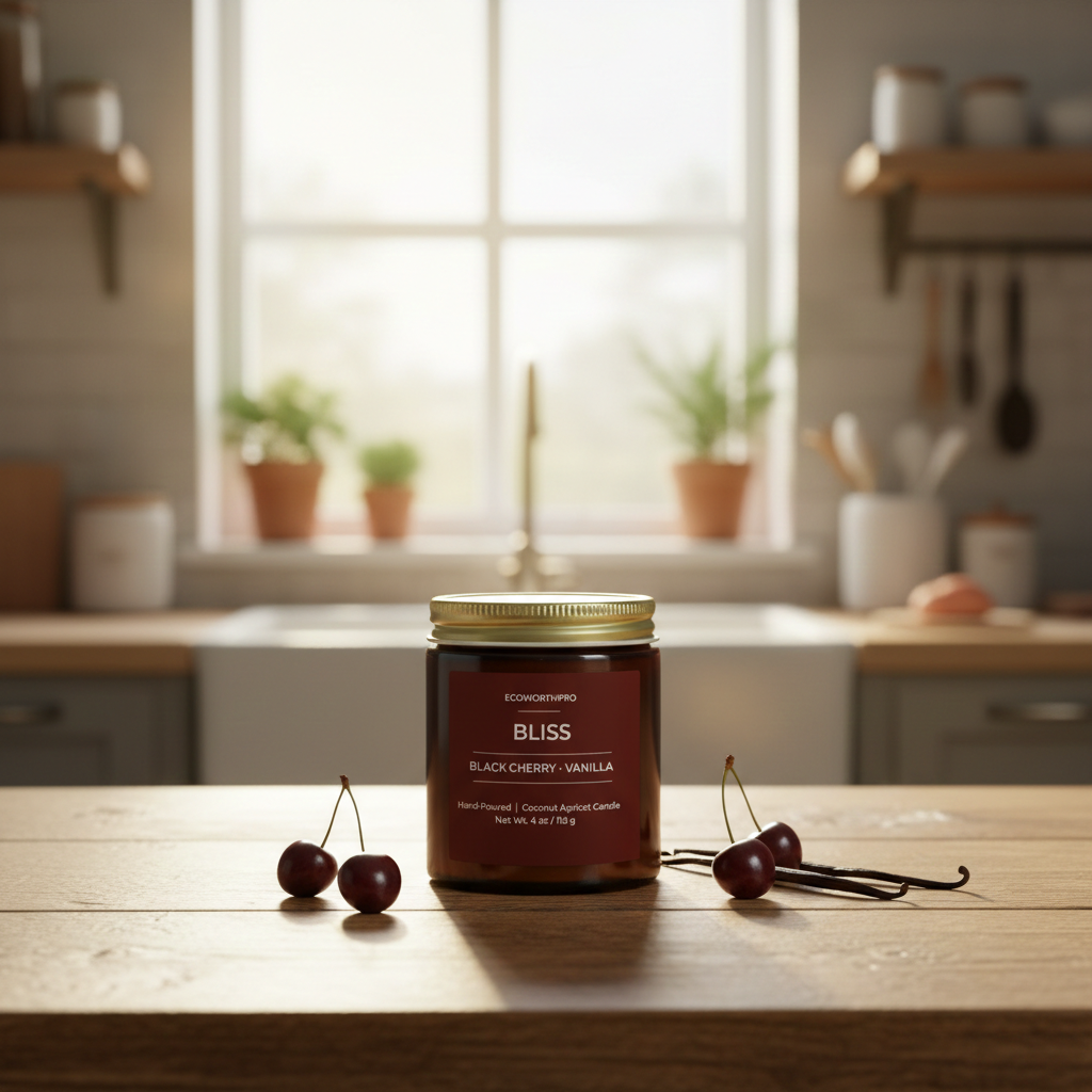 ECOWORTHPRO BLISS strawberry and vanilla coconut apricot wax candle surrounded by strawberries and vanilla pods