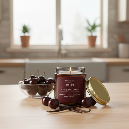 ECOWORTHPRO BLISS vanilla and black cherry long-burning fruit candle surrounded by vanilla pods and black cherries