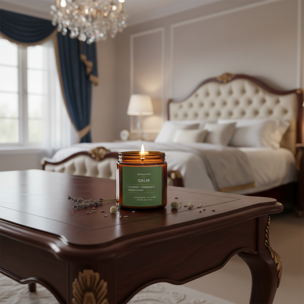 ECOWORTHPRO CALM eco-friendly sleep candle with lavender chamomile and sandalwood scent on bedside table