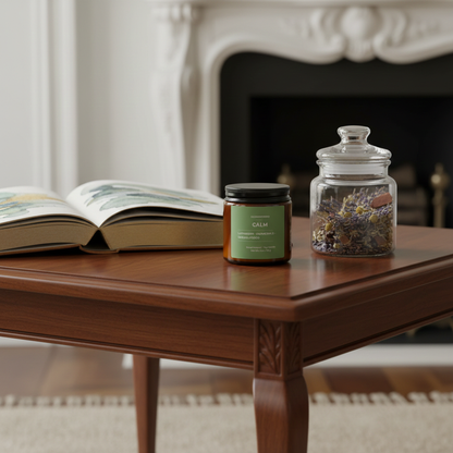 ECOWORTHPRO CALM hand-poured soy candle lavender chamomile sandalwood scent on living room table with books for evening relaxation