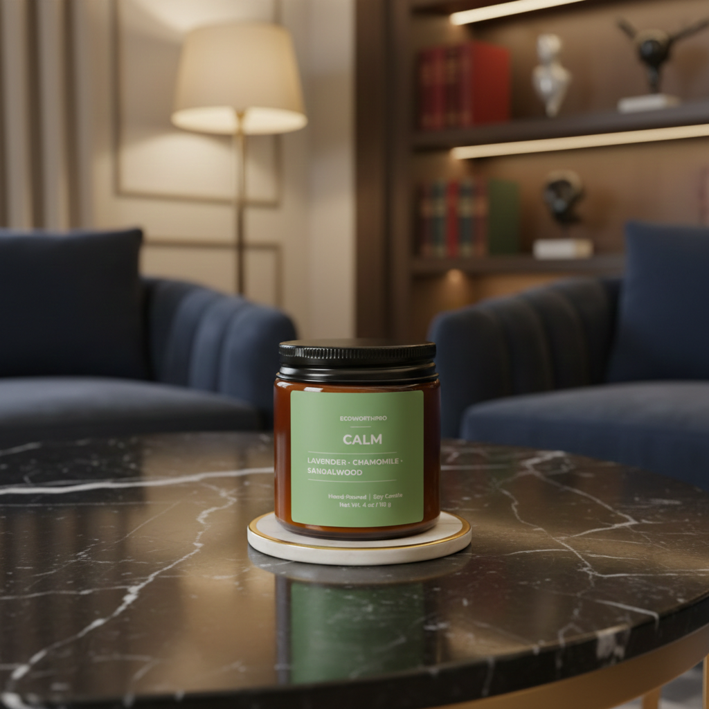 ECOWORTHPRO CALM lavender chamomile sandalwood mini soy candle  on living room table 